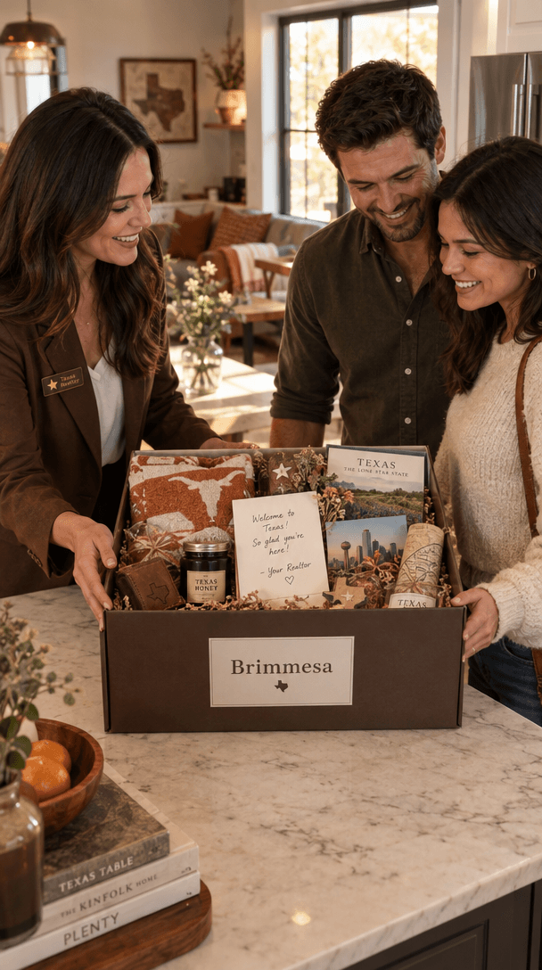 A curated Texas welcome gift box with a handwritten card and regional keepsakes.